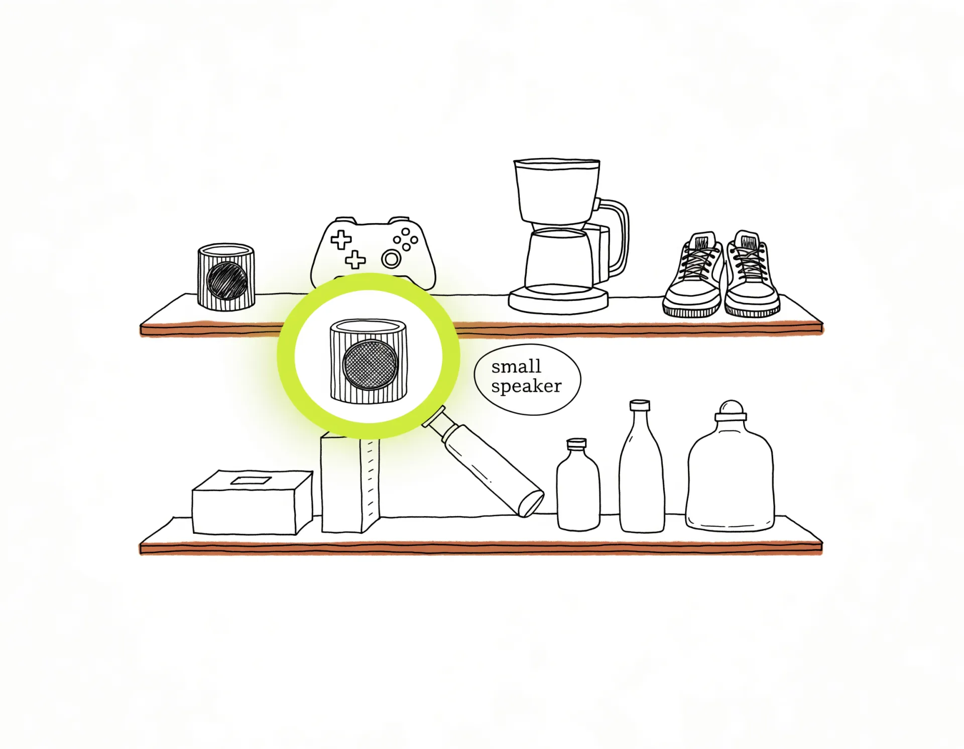 Editorial line illustration of a magnifying glass scanning shelves of consumer products, the found small speaker circled by an electric-lime signal ring — the plain-English search concept