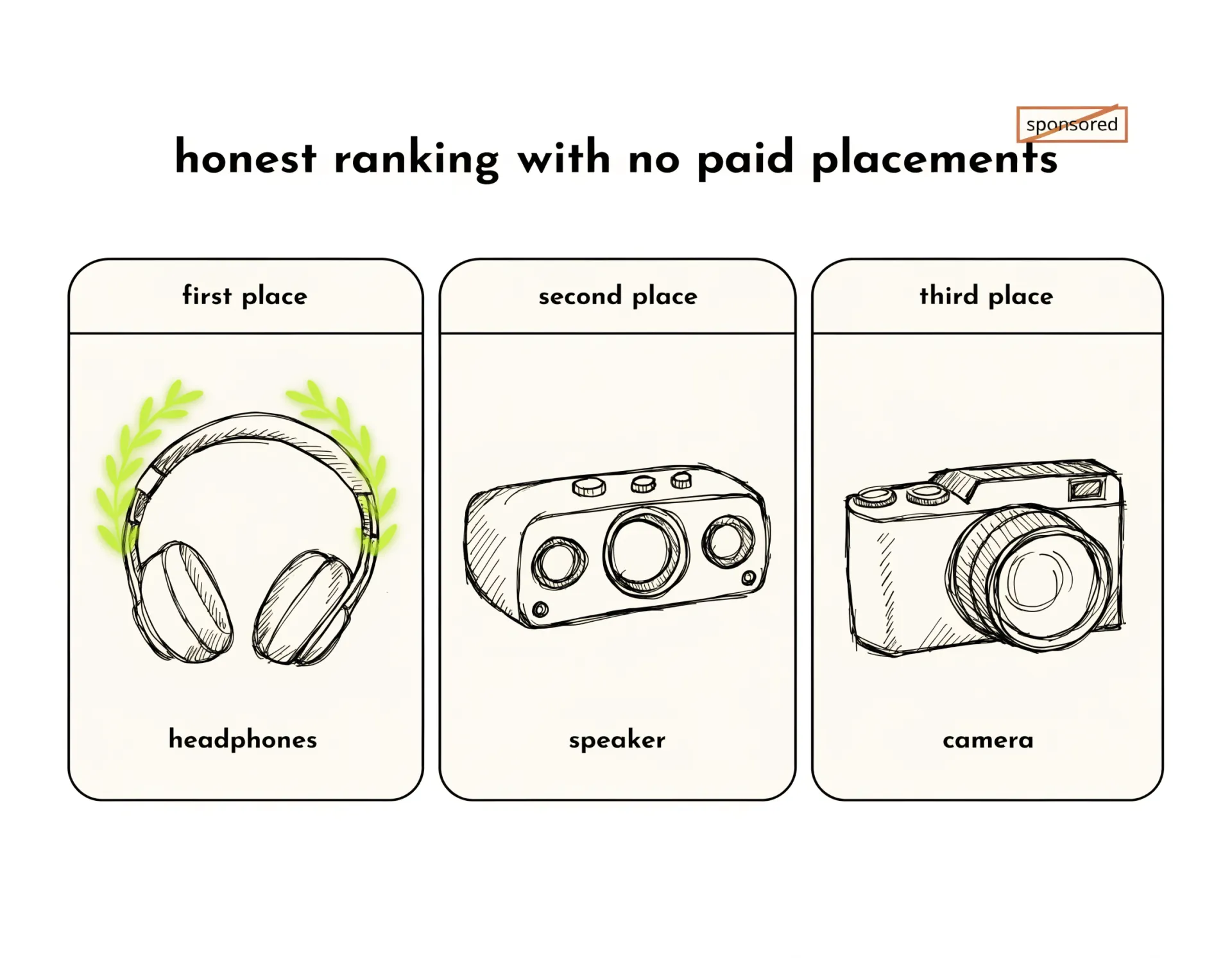 Editorial line illustration of three ranked product cards — headphones in first place crowned with a lime laurel, then a speaker and a camera — beside a crossed-out 'sponsored' tag, the honest ranking concept